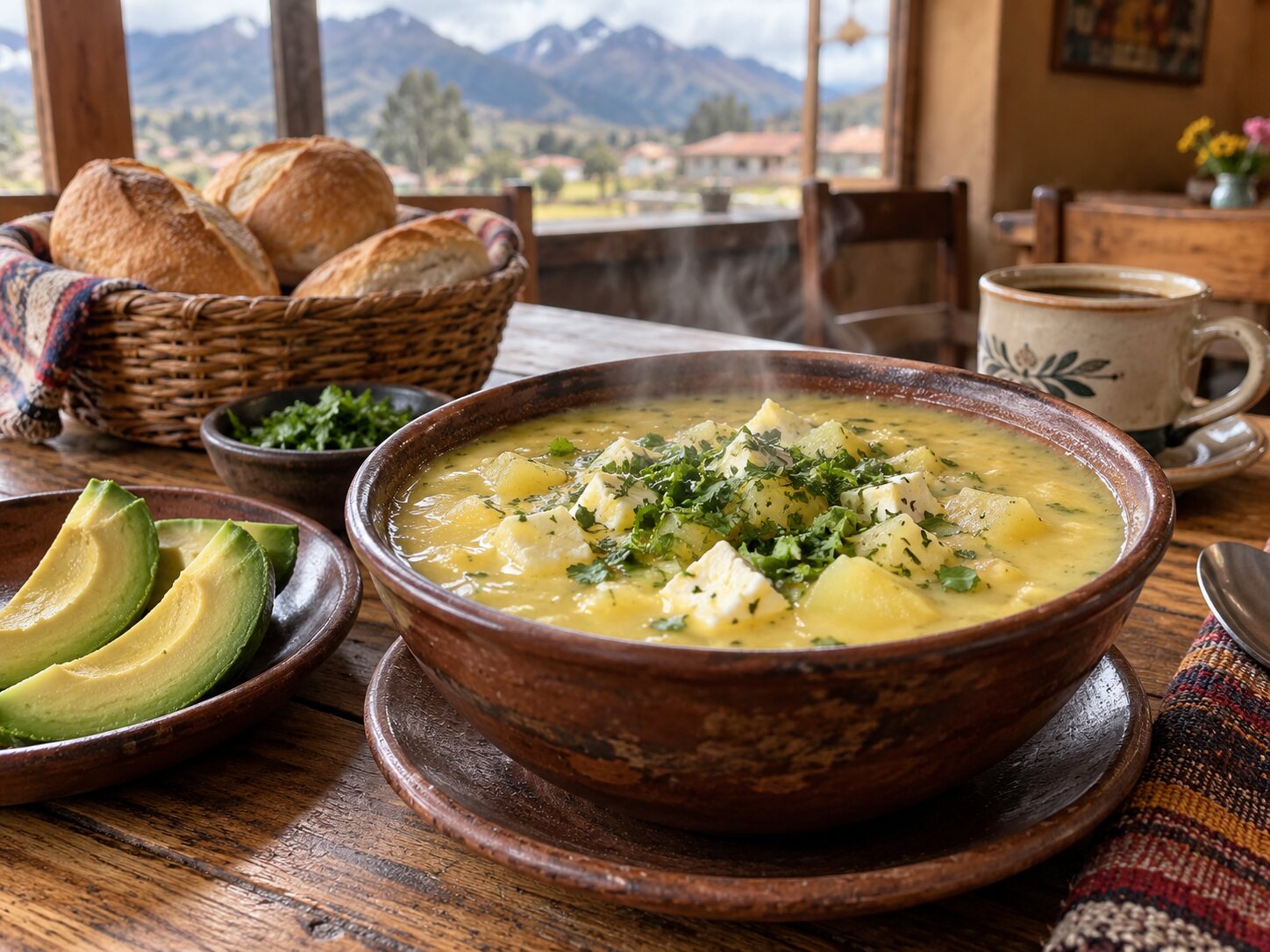 Desayuno tradicional ecuatoriano servido en mesa rústica