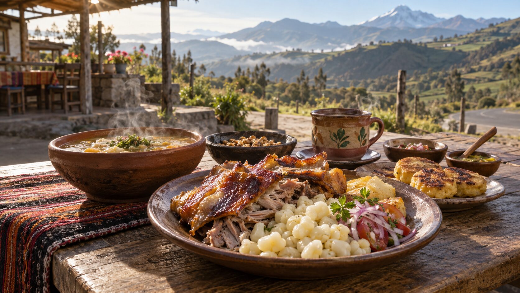 Mesa con comida tradicional ecuatoriana en un ambiente cálido